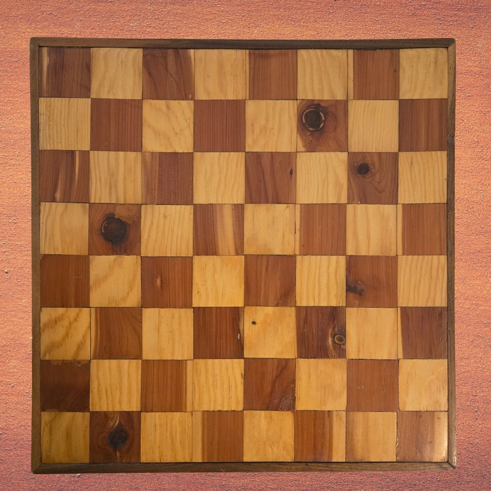 15" Handmade Vintage Wooden Chess Checkers Board Inlaid Rustic Artisan Wood Game